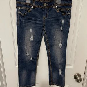 Almost Famous Distressed Denim Jean Capri Women's 5 Rhinestones